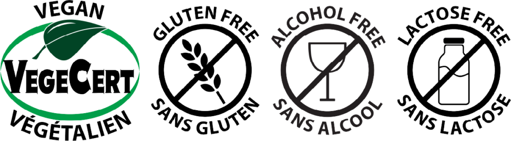 Icons: Vegan, Gluten Free, Alcohol Free and Lactose Free