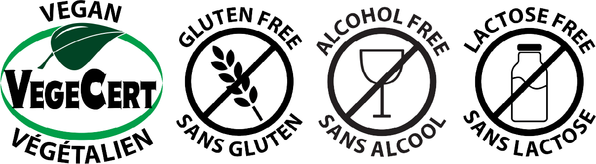 Icons: Vegan, Gluten Free, Alcohol Free and Lactose Free