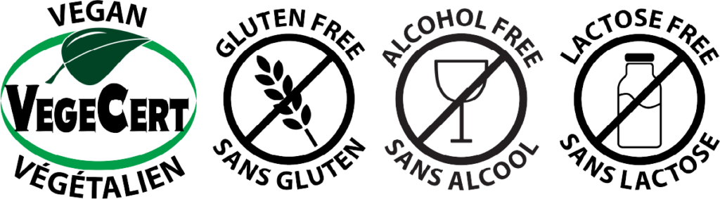 Vegan, Gluten-Free, Alcohol-Free, Lactose-Free Icons