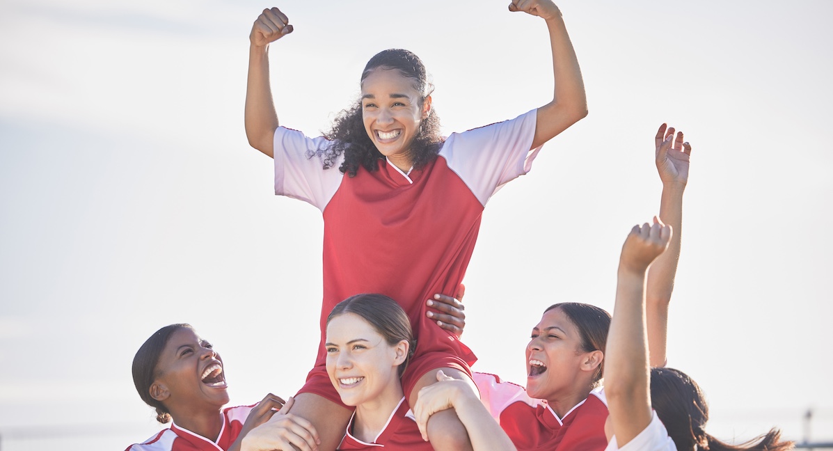 Win, celebrate and excited women soccer team happy about winning a football match or goal. Success, achievement and sport teamwork collaboration of winner sports women with community support mindset